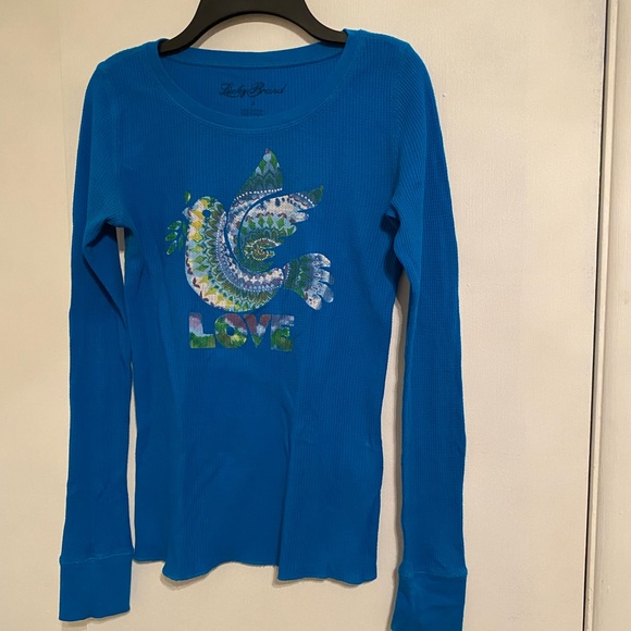 Lucky Brand Blue Long Sleeve Tee with Love and Bird Graphic - Picture 1 of 4